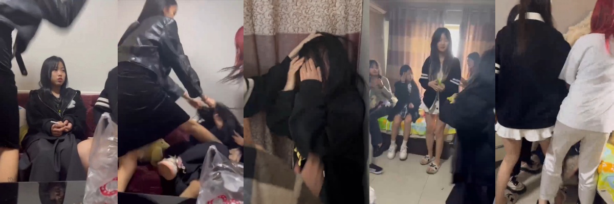 精神小妹室内霸凌全过程，拽头脚踢狂扇耳光，妹子毫无还手之力，只能抱头崩溃大哭 ！