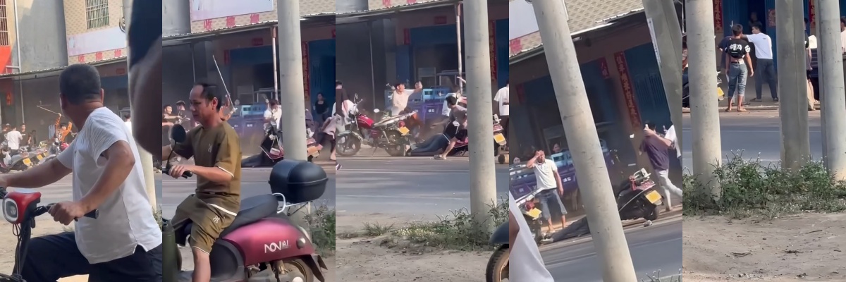 精神小伙街头大乱斗，车锁链子各种甩鞭，一小伙被直接打趴在地，现场混乱引发路人围观 ！